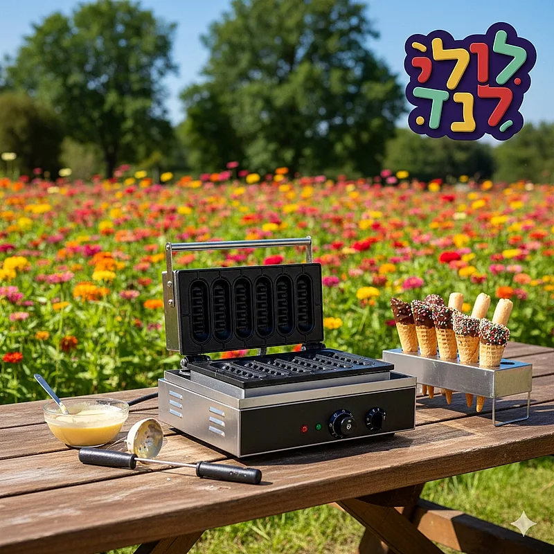מכונת וופל בלגי על מקל על שולחן עץ, ולידה וופלים מוכנים על מקלות