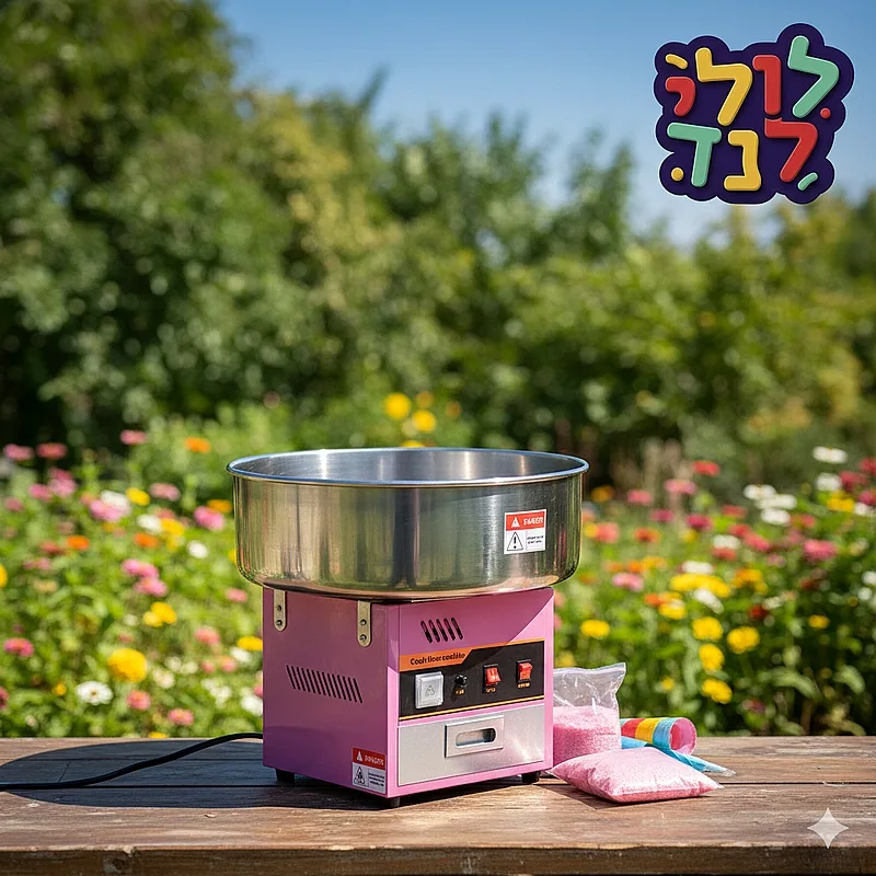 מכונת סוכר ורודה עם קערת נירוסטה גדולה על שולחן עץ בגינה, ולידה שקית סוכר צבעוני