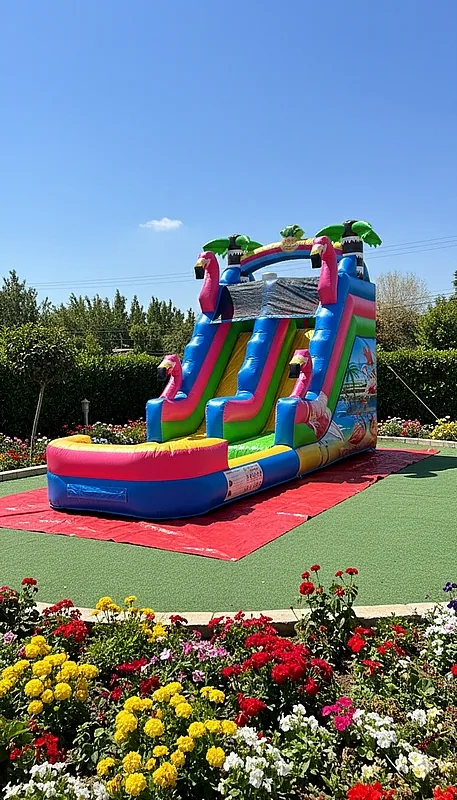 מגלשת מים מתנפחת בעיצוב פלמינגו עם עצי דקל בראש המגלשה, מוצבת על יריעה אדומה בגינה